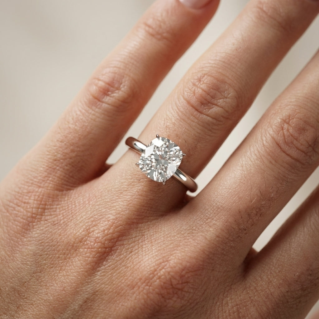 Cushion Cut Lab Grown Diamond Solitaire Engagement Ring in Silver with Floral Basket Detail