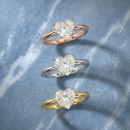 Serena Blossom Heart Cut Lab Grown Diamond Solitaire Engagement Ring in Yellow Gold showing slim band