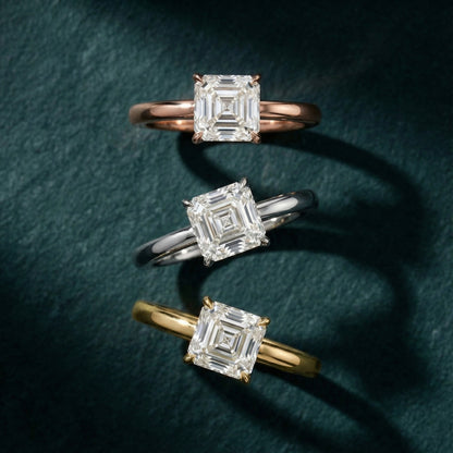 Asscher Cut Lab Grown Diamond Solitaire Engagement Ring in Rose Gold floral setting