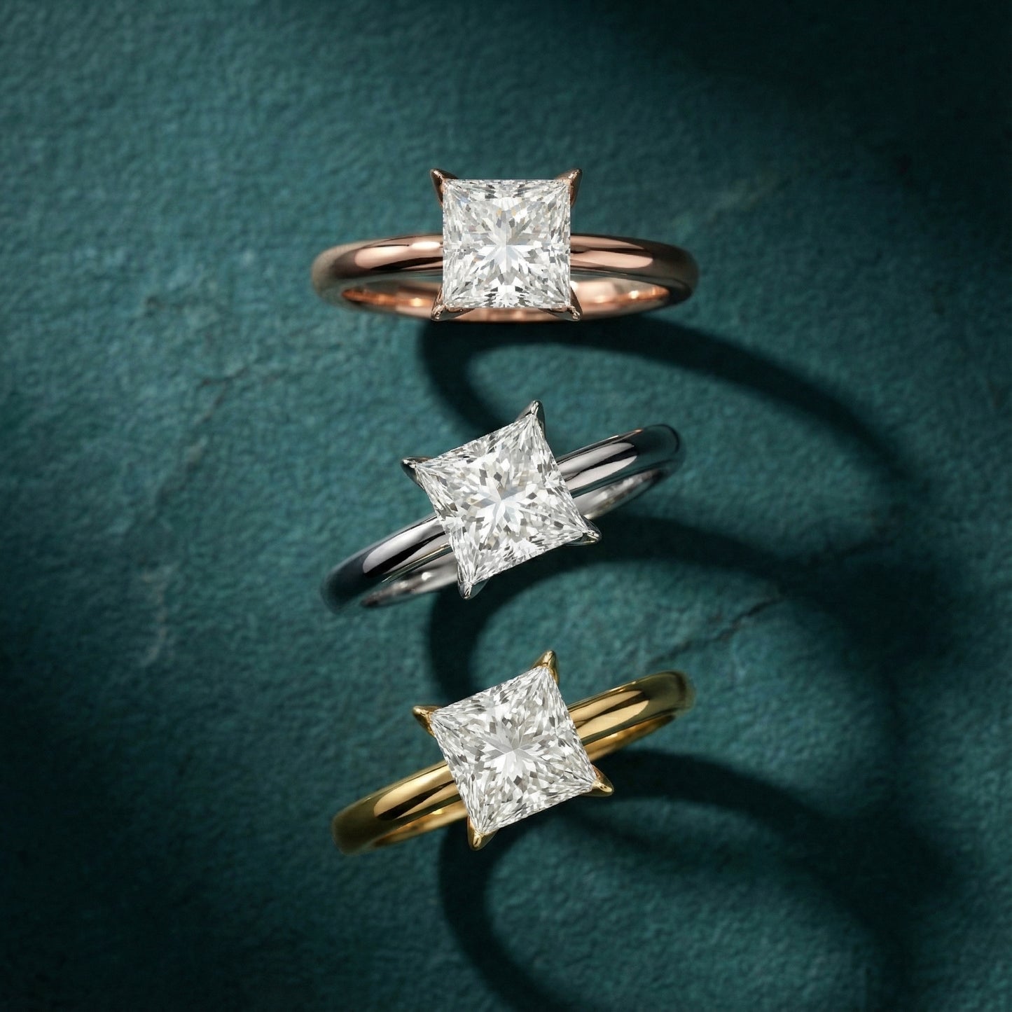 Princess Cut Lab Grown Diamond Solitaire Engagement Ring in Rose Gold showing side profile and unique setting.