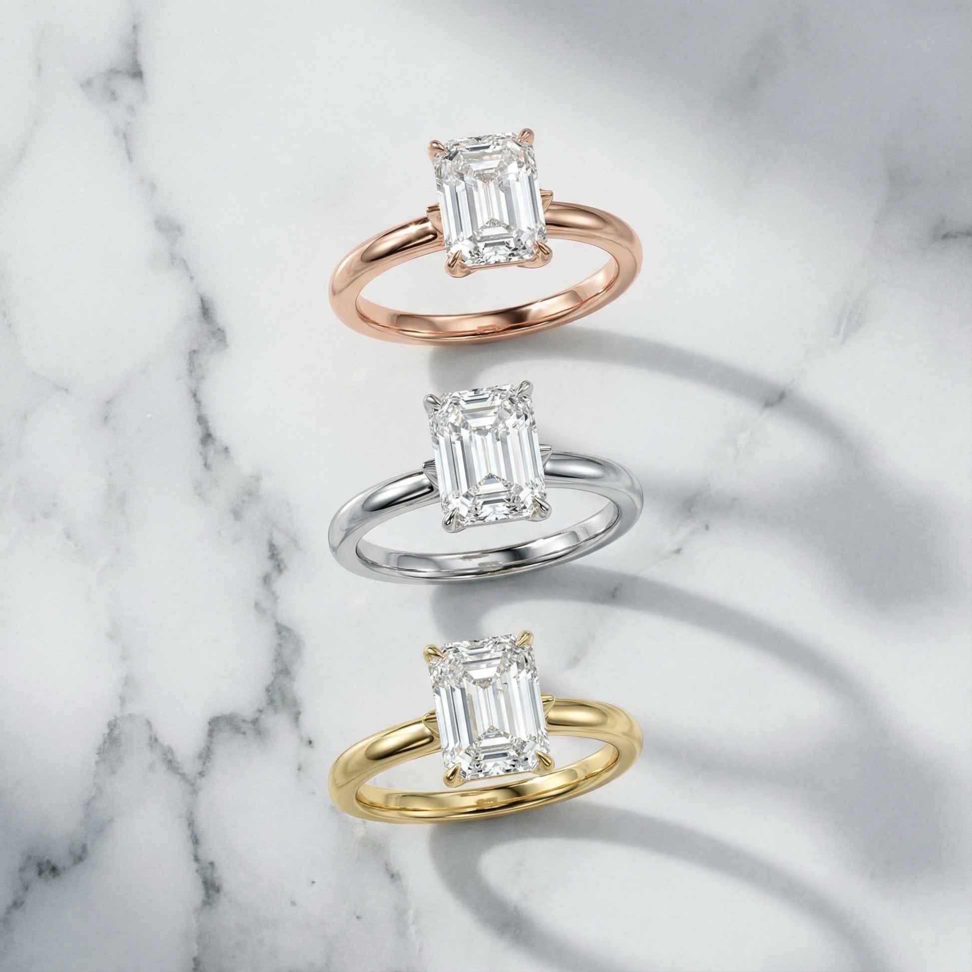 Emerald Cut Lab Grown Diamond Solitaire Engagement Ring with Floral Basket in Silver