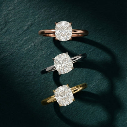 Cushion Cut Lab Grown Diamond Solitaire Engagement Ring in Silver with Floral Basket Detail