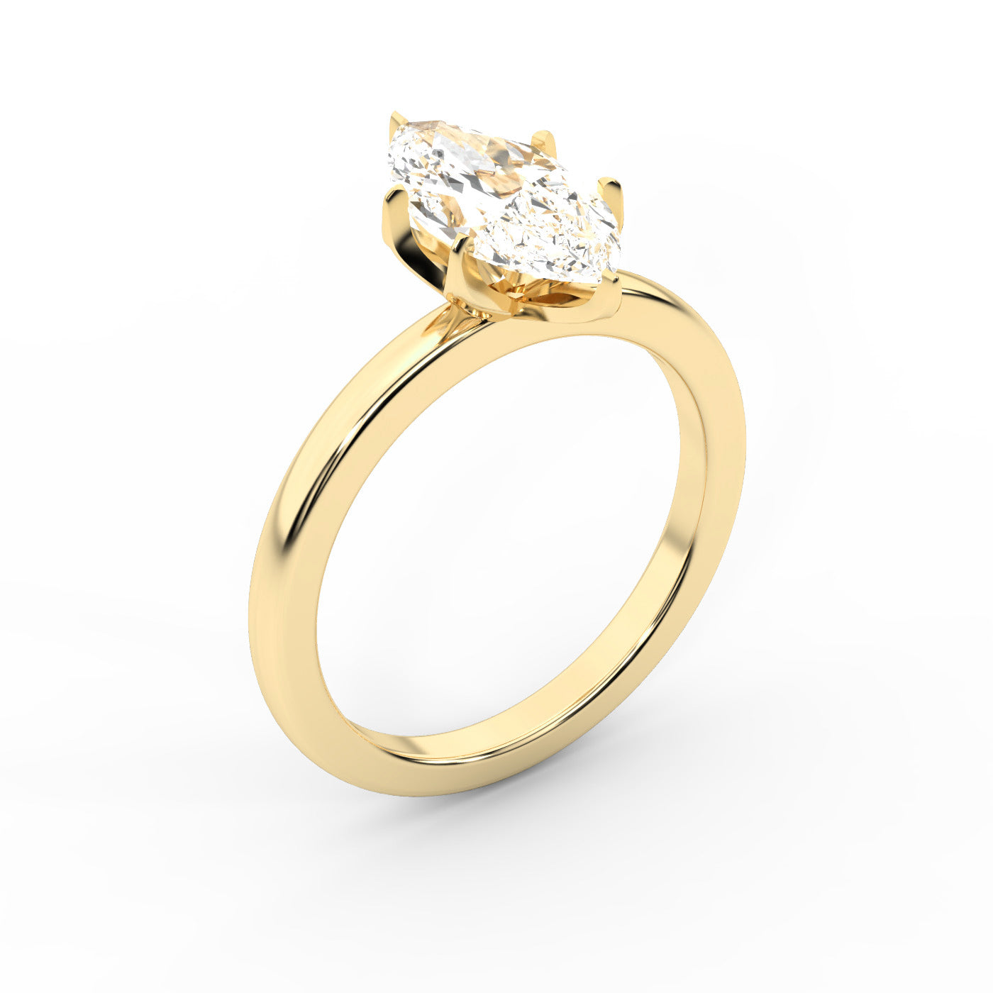 Yellow gold marquise cut lab grown diamond solitaire engagement ring with polished band and floral prongs.