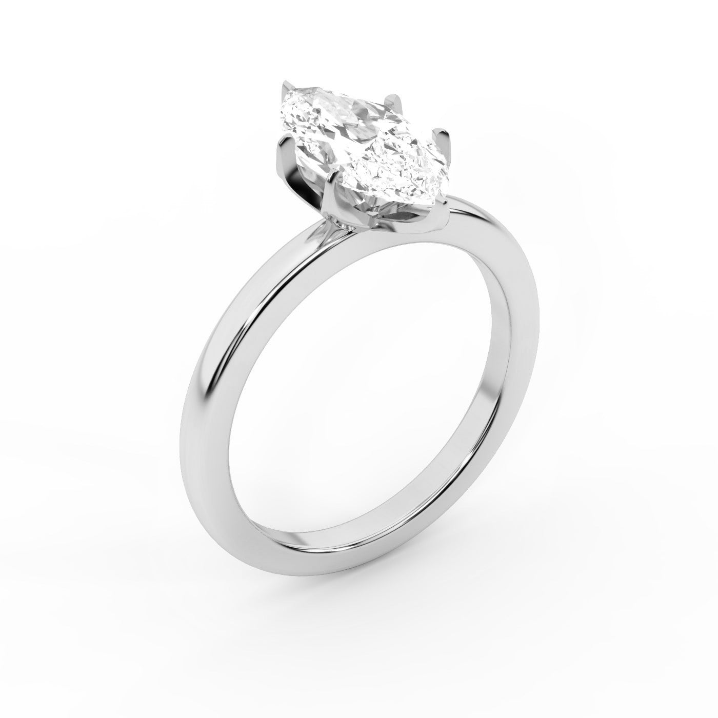 Marquise cut lab grown diamond solitaire engagement ring in silver with floral prong setting.