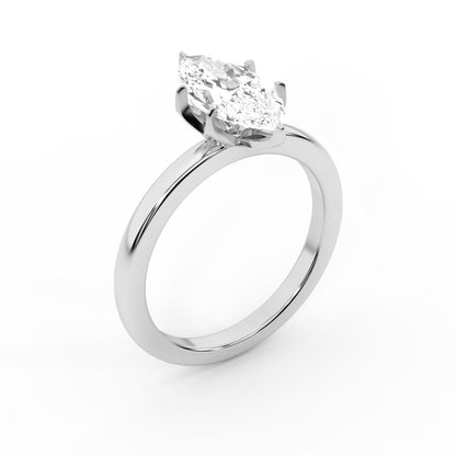 Marquise cut lab grown diamond solitaire engagement ring in silver with floral prong setting.