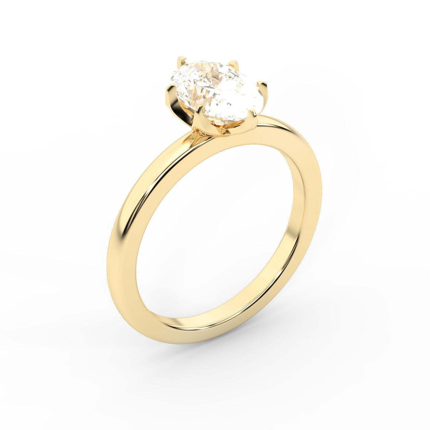 Oval Cut Lab Grown Diamond Solitaire Engagement Ring in Yellow Gold with six prong setting.