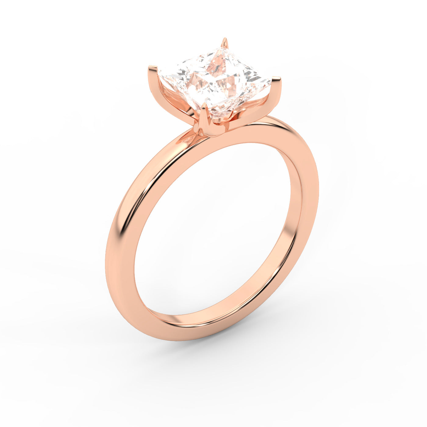 Princess Cut Lab Grown Diamond Solitaire Engagement Ring in Rose Gold showing side profile and unique setting.