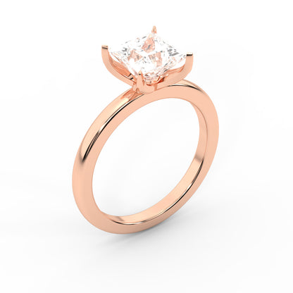 Princess Cut Lab Grown Diamond Solitaire Engagement Ring in Rose Gold showing side profile and unique setting.