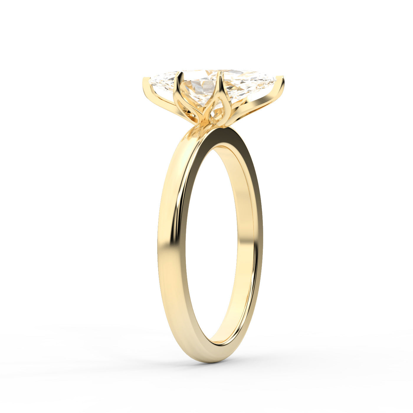 Yellow gold marquise cut lab grown diamond solitaire engagement ring with polished band and floral prongs.