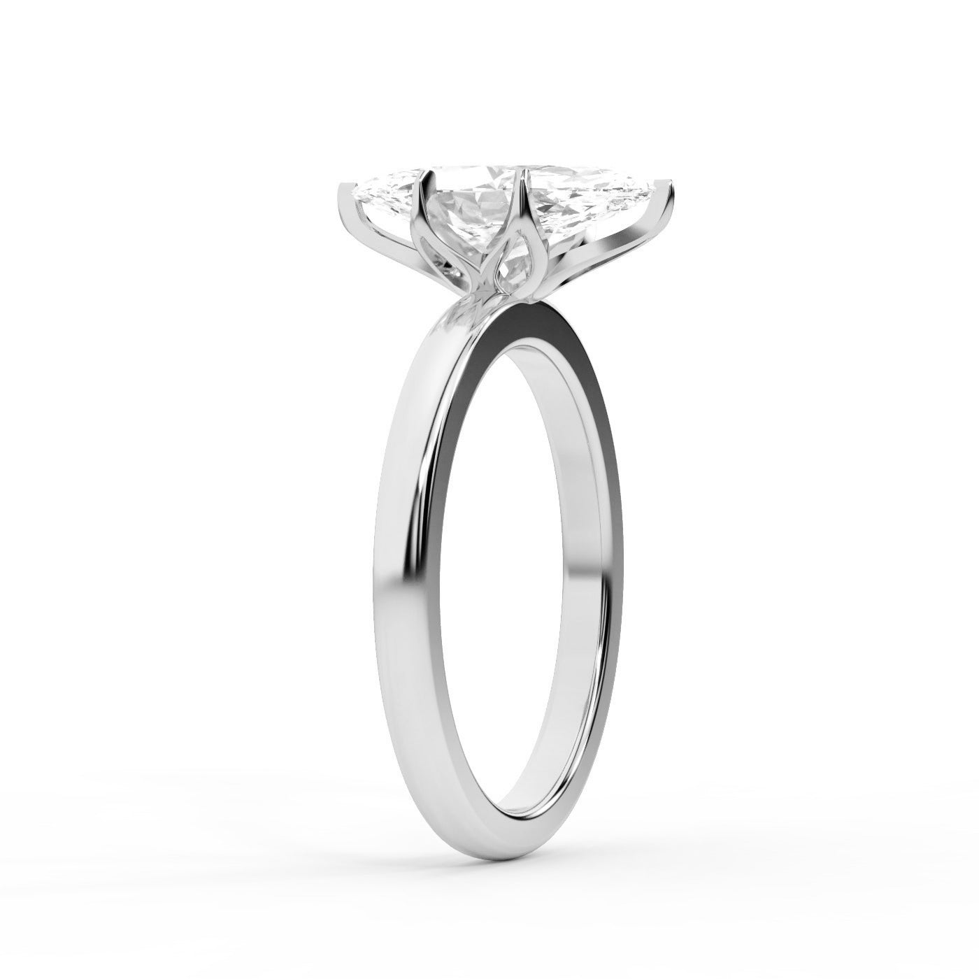 White gold marquise cut lab grown diamond solitaire engagement ring with six prong floral basket.
