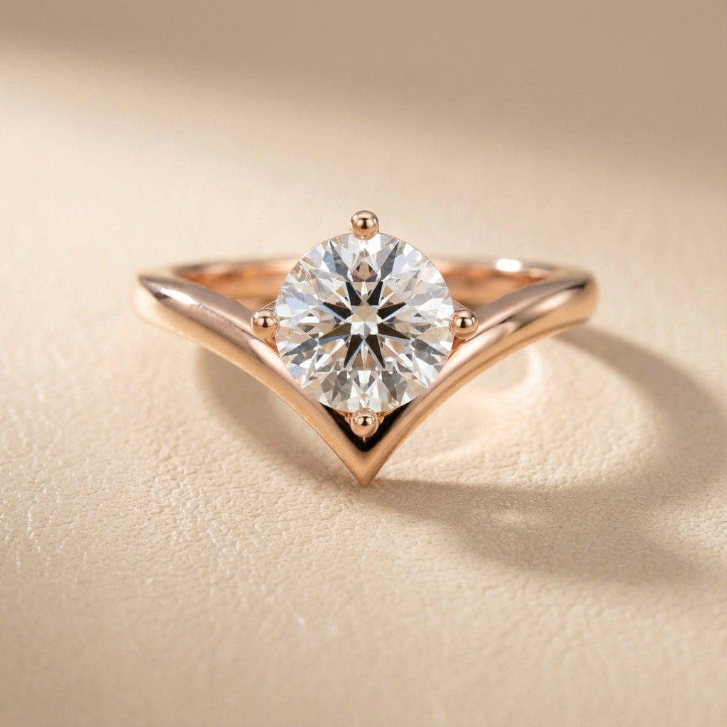 Round Cut Lab Grown Diamond Chevron Engagement Ring in Rose Gold