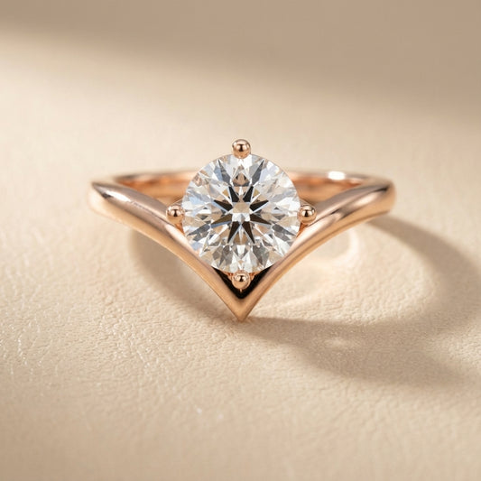 Round Cut Lab Grown Diamond Chevron Engagement Ring in Rose Gold