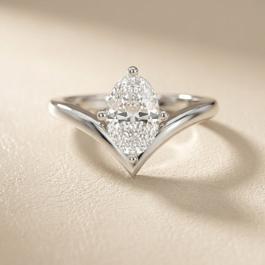 Oval Cut Lab Grown Diamond Chevron Solitaire Engagement Ring in Silver
