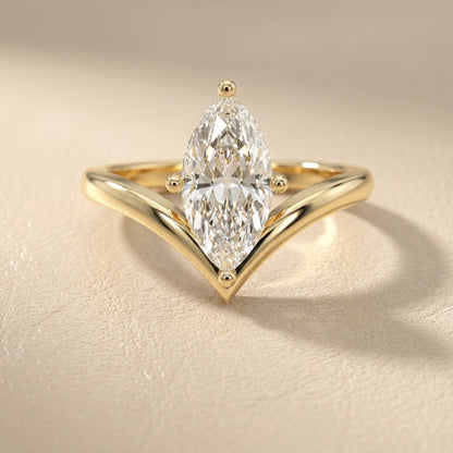 Marquise Cut Lab Grown Diamond Chevron Engagement Ring in Yellow Gold