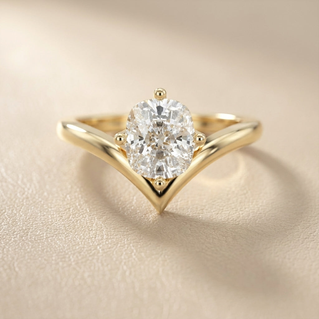 Cushion Cut Lab Grown Diamond Chevron Solitaire Ring in Yellow Gold