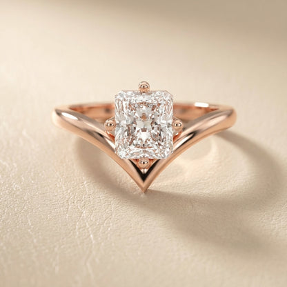 Radiant Cut Lab Grown Diamond Chevron Solitaire Engagement Ring in Rose Gold