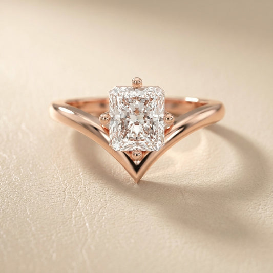 Radiant Cut Lab Grown Diamond Chevron Solitaire Engagement Ring in Rose Gold