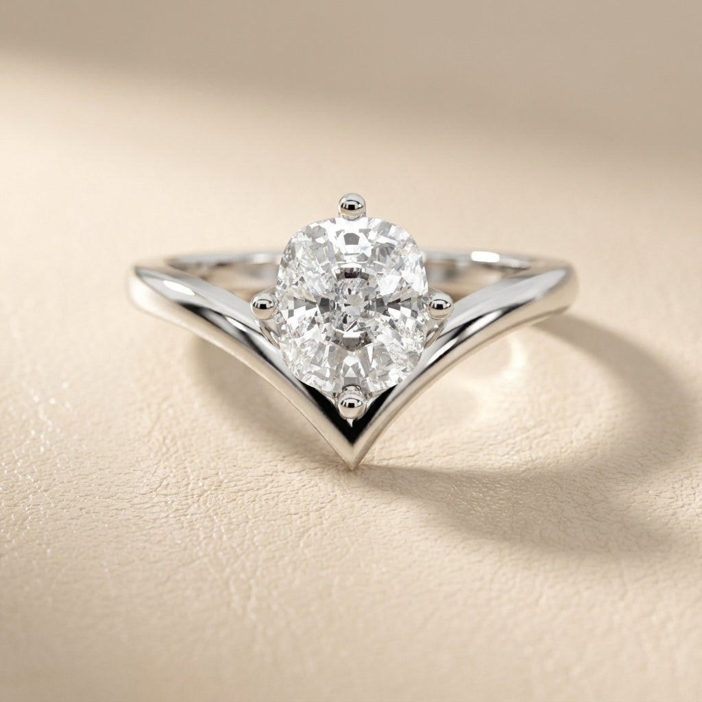 Cushion Cut Lab Grown Diamond Chevron Solitaire Ring in Platinum