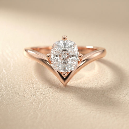 Cushion Cut Lab Grown Diamond Chevron Solitaire Ring in Rose Gold