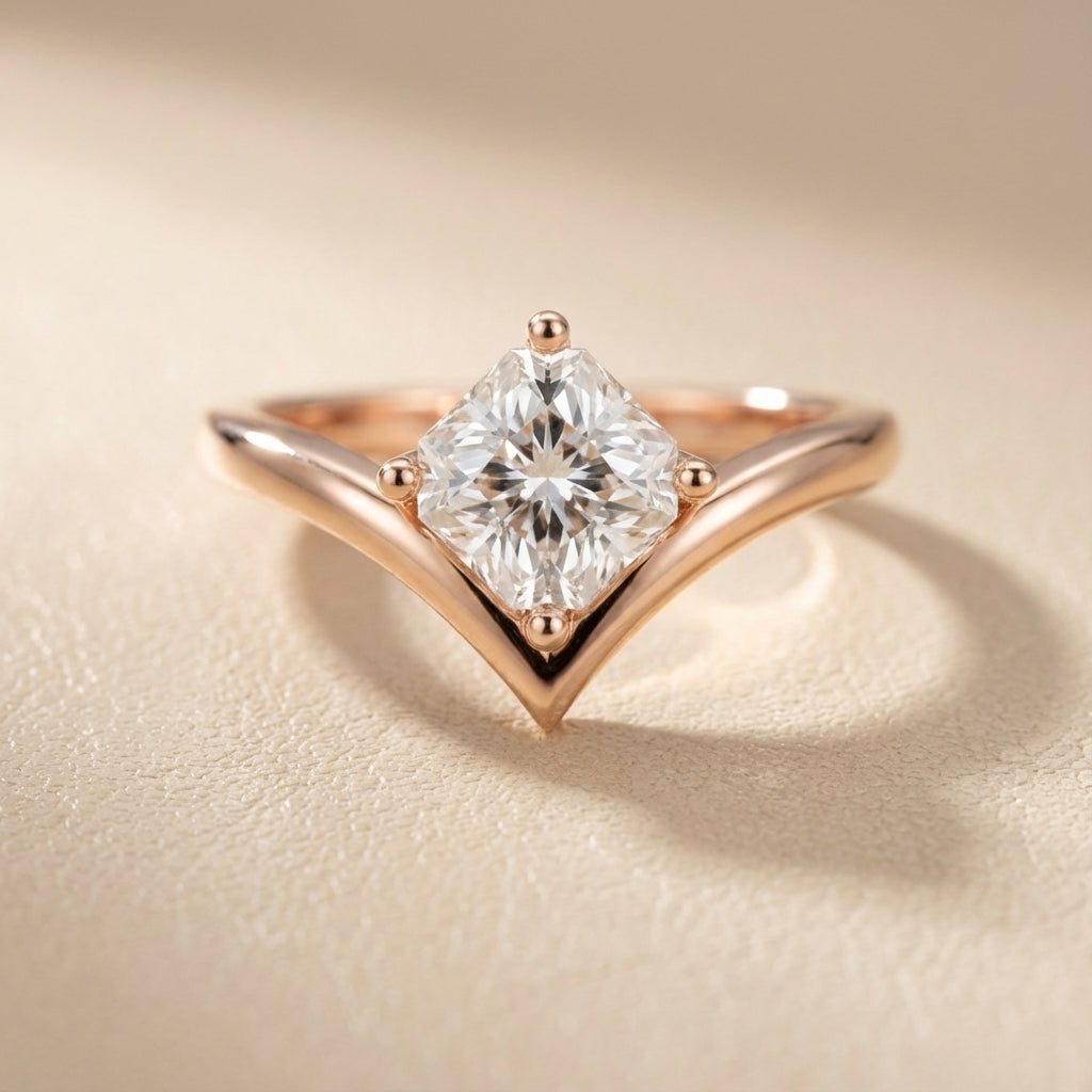 Asscher Cut Lab Grown Diamond Chevron Solitaire Engagement Ring in Rose Gold
