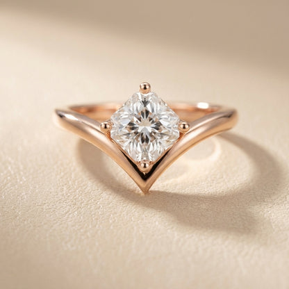 Asscher Cut Lab Grown Diamond Chevron Solitaire Engagement Ring in Rose Gold