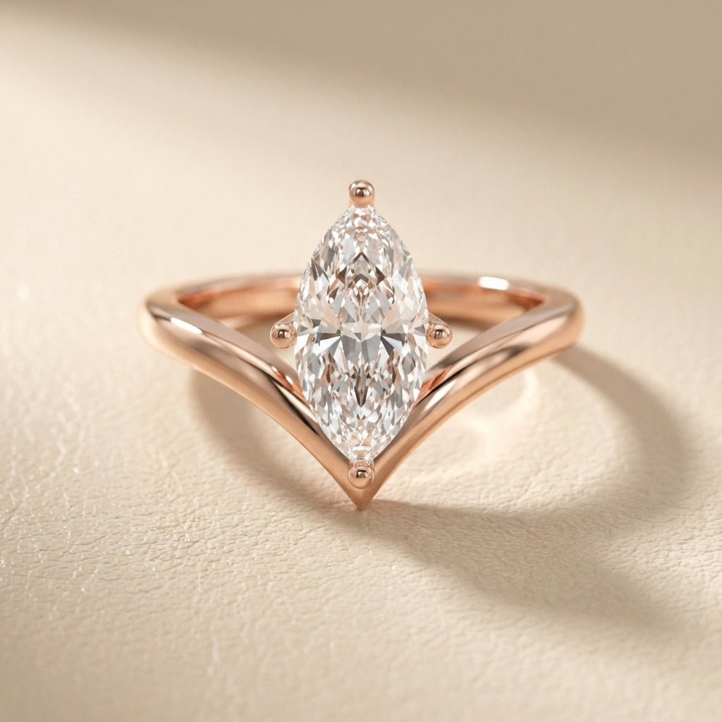 Marquise Cut Lab Grown Diamond Chevron Engagement Ring in Rose Gold