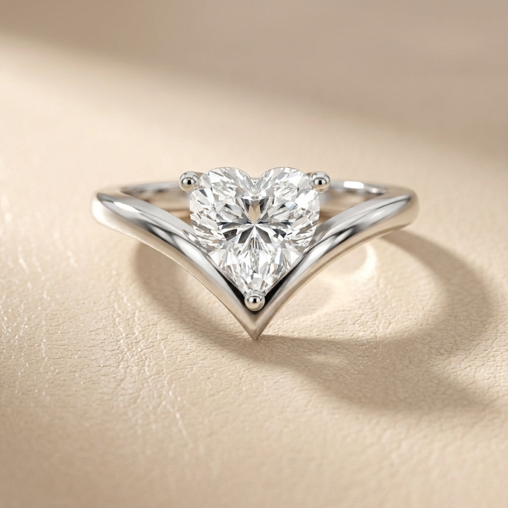 Evelyn Chevron Solitaire Ring featuring a Heart Cut Lab Grown Diamond in Silver