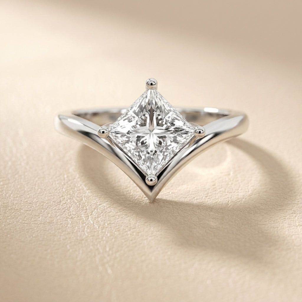 Princess Cut Lab Grown Diamond Engagement Ring in Platinum with Chevron Band