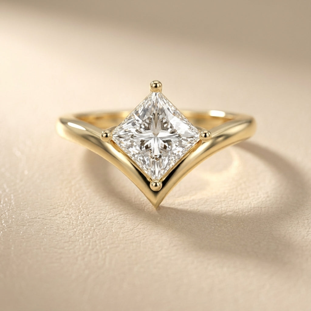 Princess Cut Lab Grown Diamond Engagement Ring in Yellow Gold with Chevron Band
