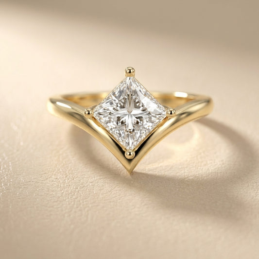Princess Cut Lab Grown Diamond Engagement Ring in Yellow Gold with Chevron Band