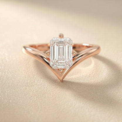 Emerald Cut Lab Grown Diamond Chevron Solitaire Engagement Ring in Rose Gold