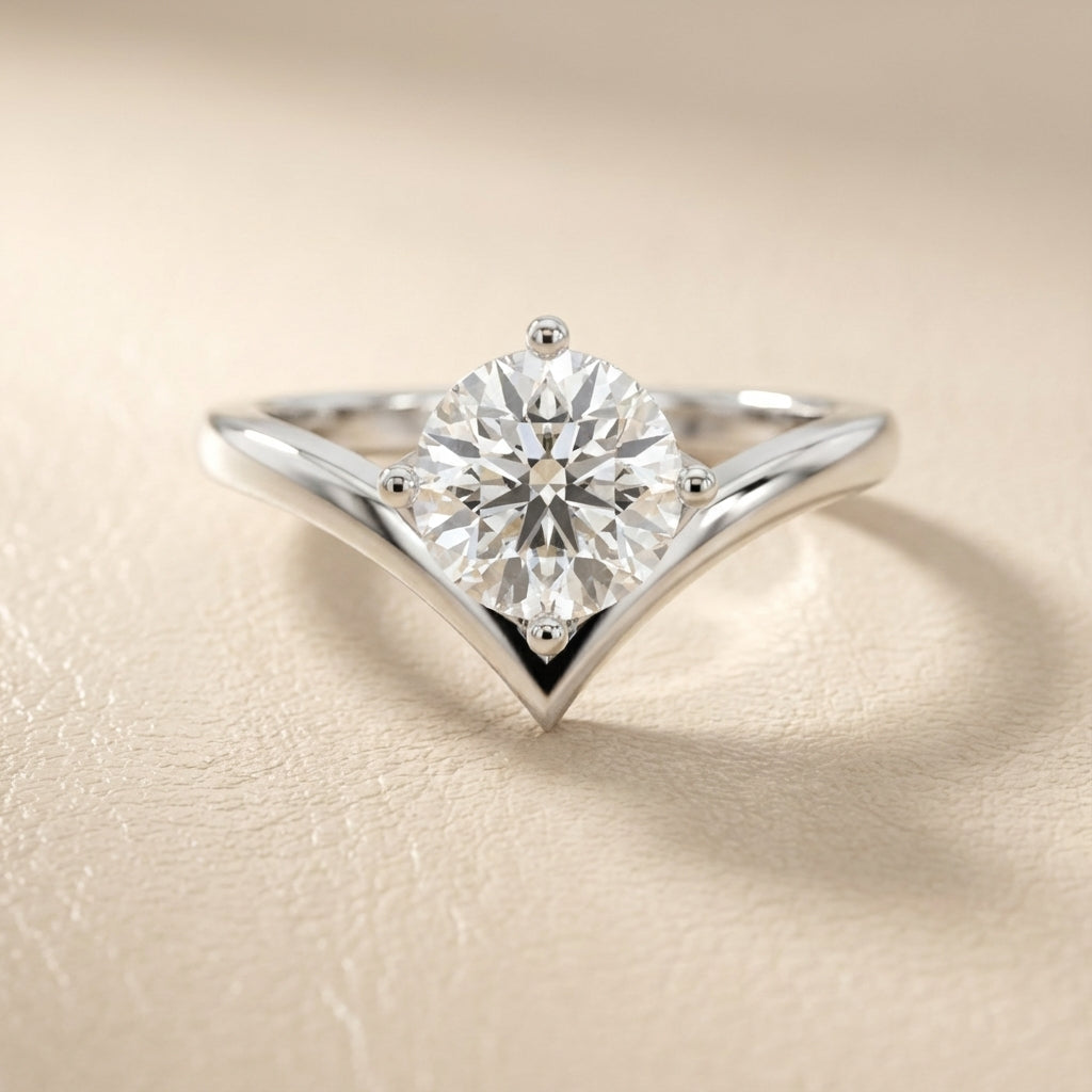 Round Cut Lab Grown Diamond Chevron Engagement Ring in Platinum