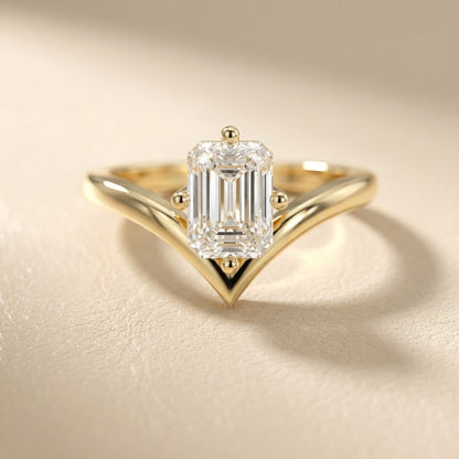 Emerald Cut Lab Grown Diamond Chevron Solitaire Engagement Ring in Yellow Gold