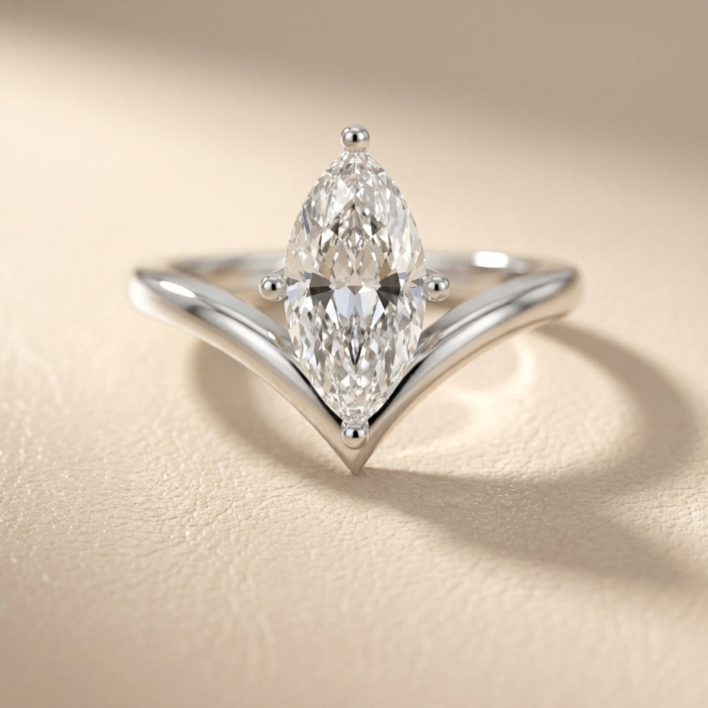 Marquise Cut Lab Grown Diamond Chevron Engagement Ring in Platinum