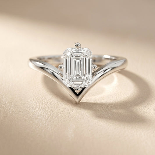 Emerald Cut Lab Grown Diamond Chevron Solitaire Engagement Ring in Silver