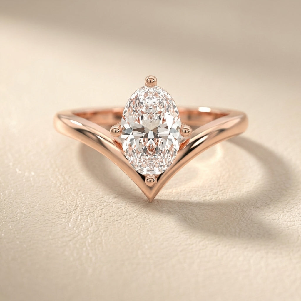 Oval Cut Lab Grown Diamond Chevron Solitaire Engagement Ring in Rose Gold setting