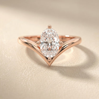 Oval Cut Lab Grown Diamond Chevron Solitaire Engagement Ring in Rose Gold setting