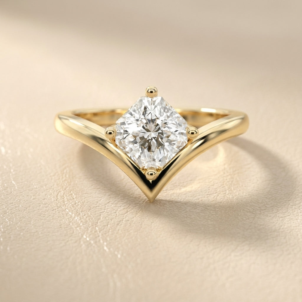 Asscher Cut Lab Grown Diamond Chevron Solitaire Engagement Ring in Yellow Gold