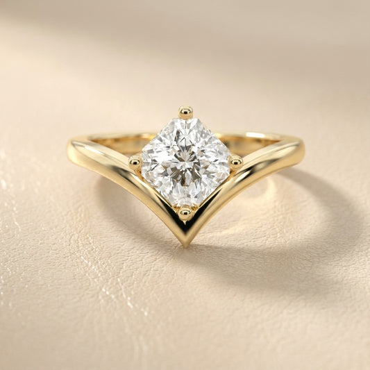 Asscher Cut Lab Grown Diamond Chevron Solitaire Engagement Ring in Yellow Gold
