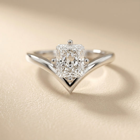 Radiant Cut Lab Grown Diamond Chevron Solitaire Engagement Ring in White Gold