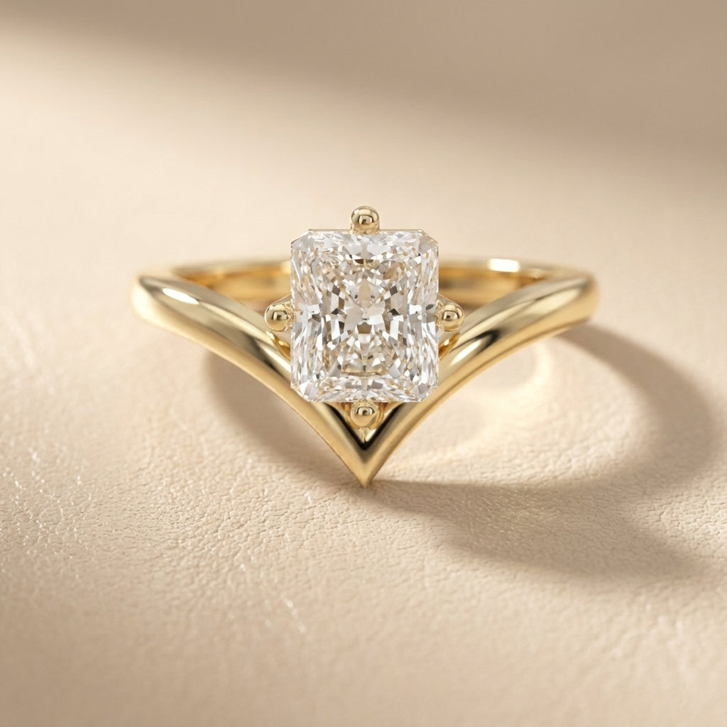 Radiant Cut Lab Grown Diamond Chevron Solitaire Engagement Ring in Yellow Gold