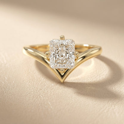 Radiant Cut Lab Grown Diamond Chevron Solitaire Engagement Ring in Yellow Gold