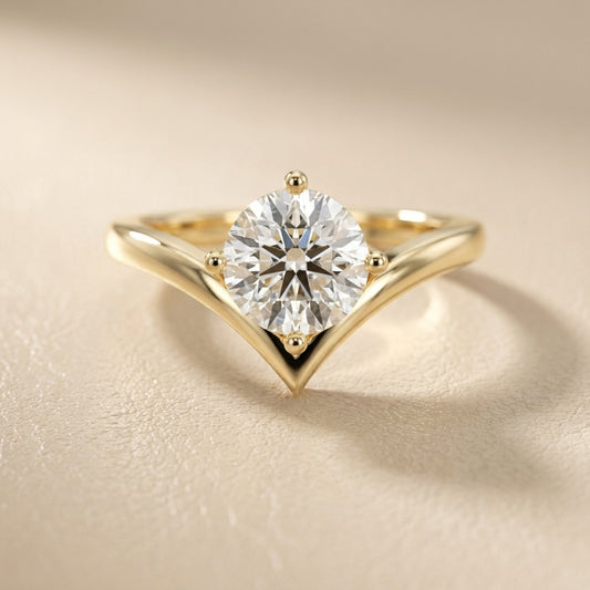 Round Cut Lab Grown Diamond Chevron Engagement Ring in Yellow Gold