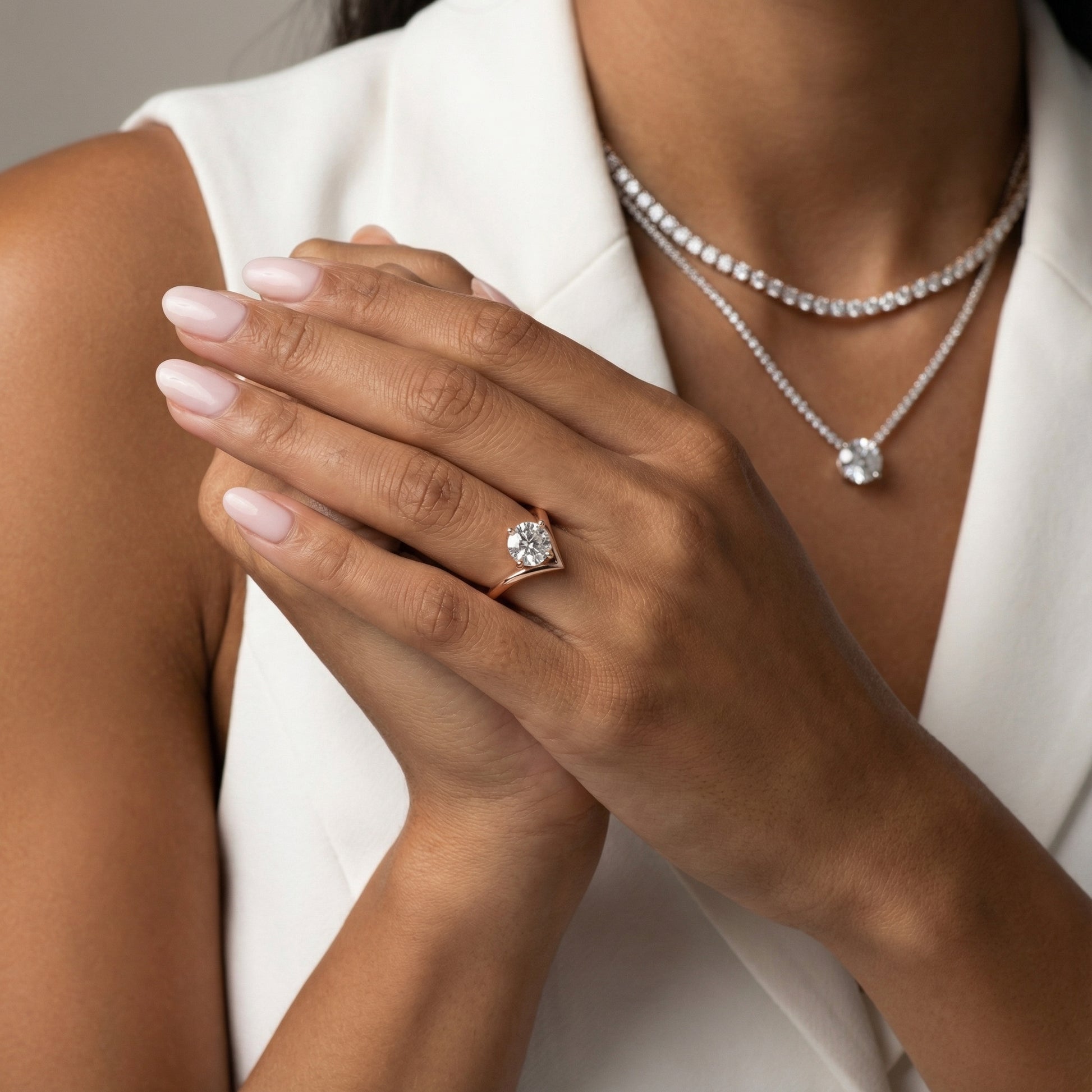 Round Cut Lab Grown Diamond Chevron Engagement Ring in Rose Gold