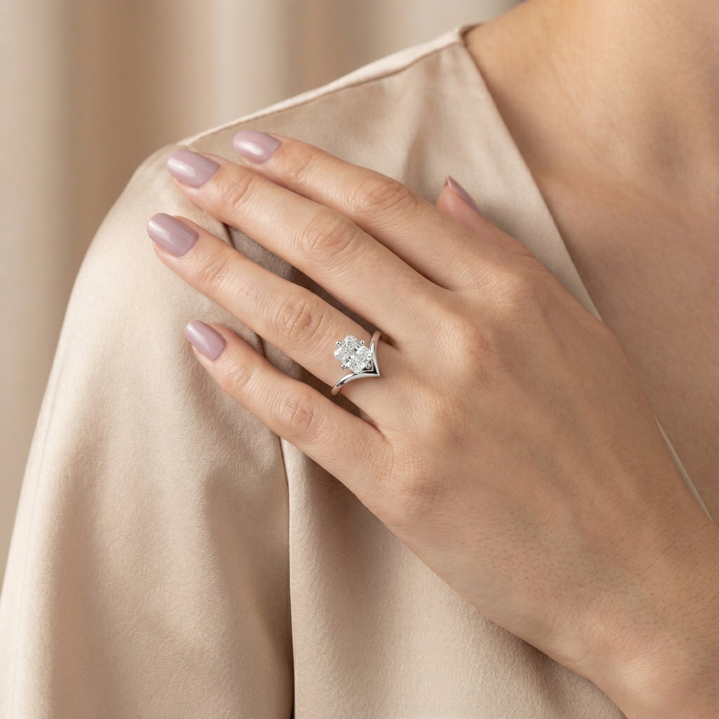 Radiant Cut Lab Grown Diamond Chevron Solitaire Engagement Ring in Silver