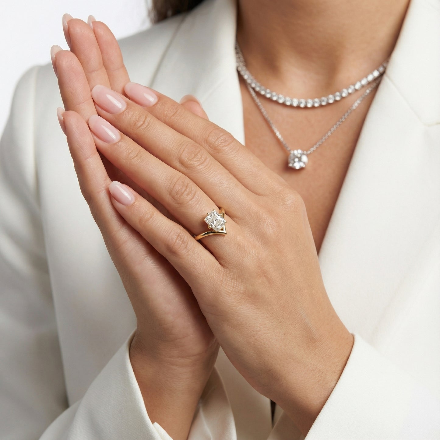 Radiant Cut Lab Grown Diamond Chevron Solitaire Engagement Ring in Yellow Gold