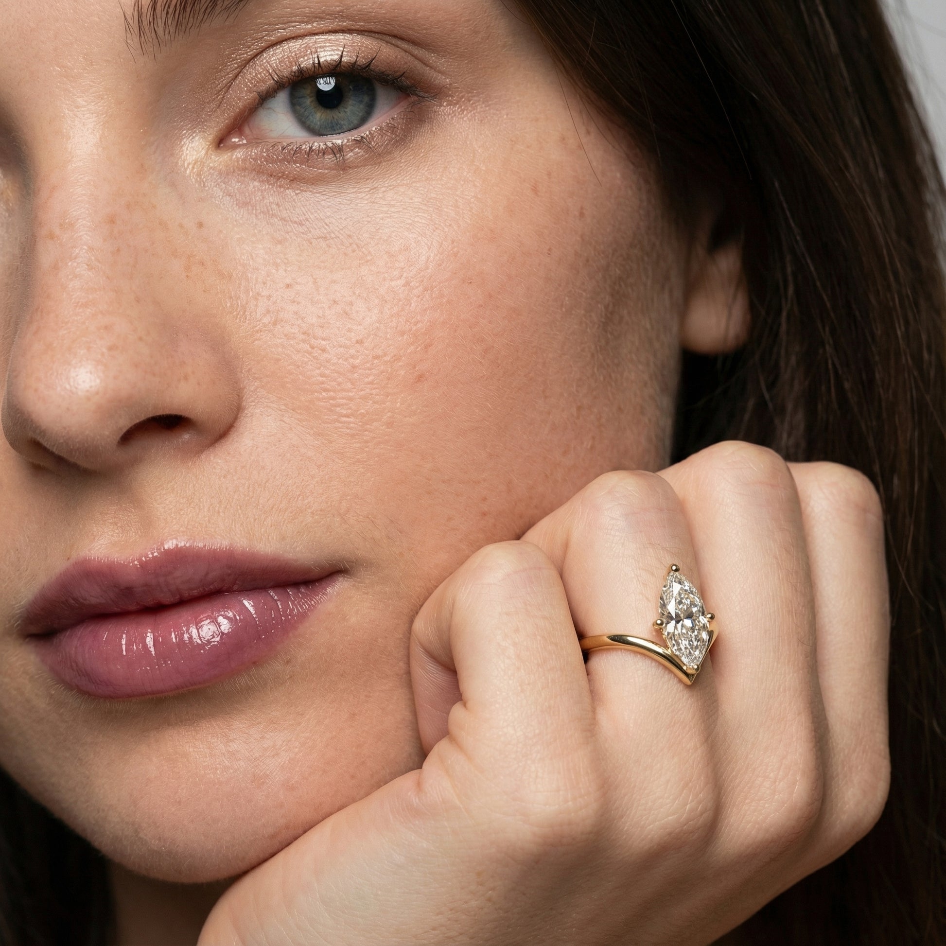 Marquise Cut Lab Grown Diamond Chevron Engagement Ring in Yellow Gold