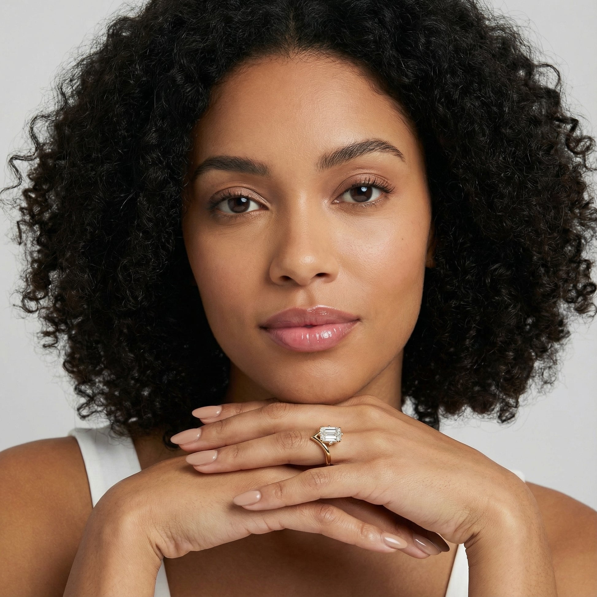 Emerald Cut Lab Grown Diamond Chevron Solitaire Engagement Ring in Yellow Gold