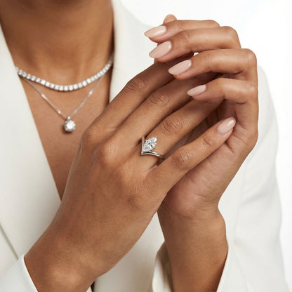 Marquise Cut Lab Grown Diamond Chevron Engagement Ring in Silver