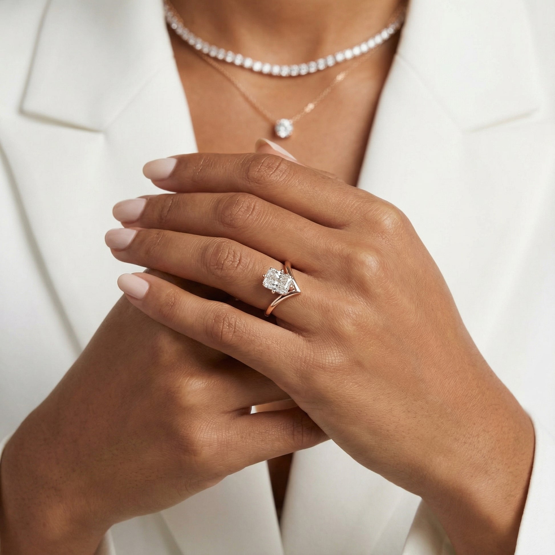 Radiant Cut Lab Grown Diamond Chevron Solitaire Engagement Ring in Rose Gold